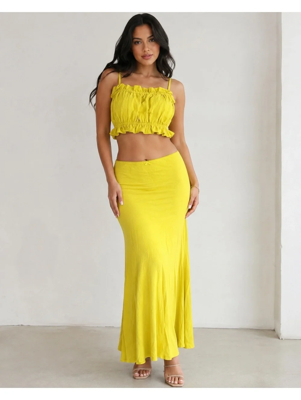 Wild Fable Yellow Linen Blend 2 Piece Crop Top Maxi Skirt Set M/XL